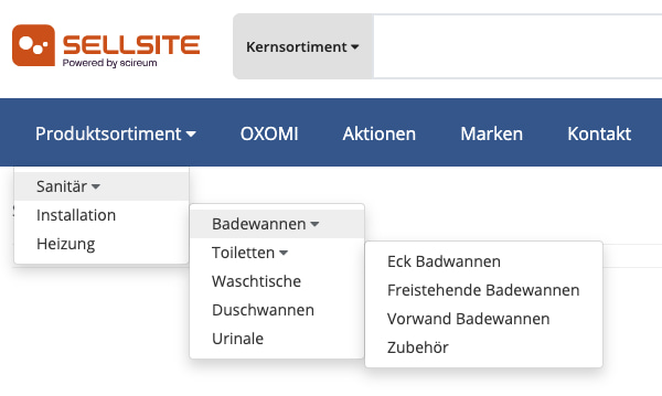 SellSite Menü mit mehreren Ebenen