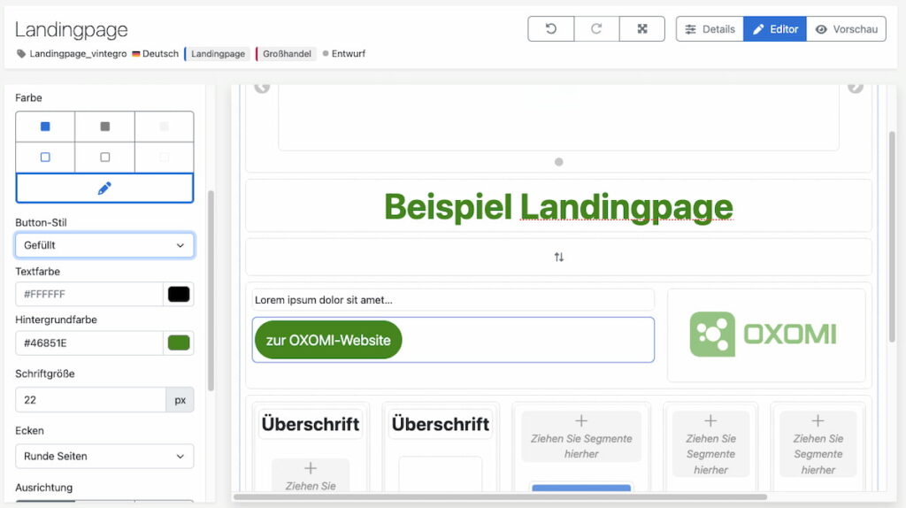 Neue Darstellungsoptionen für Buttons im OXOMI Stories-Editor.